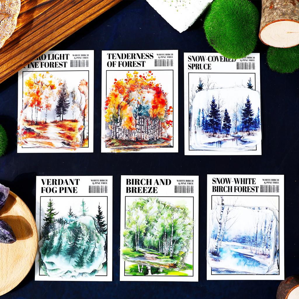 JIAMEI 20pcs/pack Birch and Pine series Retro Ins Forest Scenery Theme waterproof PET Sticker DIY Scrapbook Aesthetic Stationery