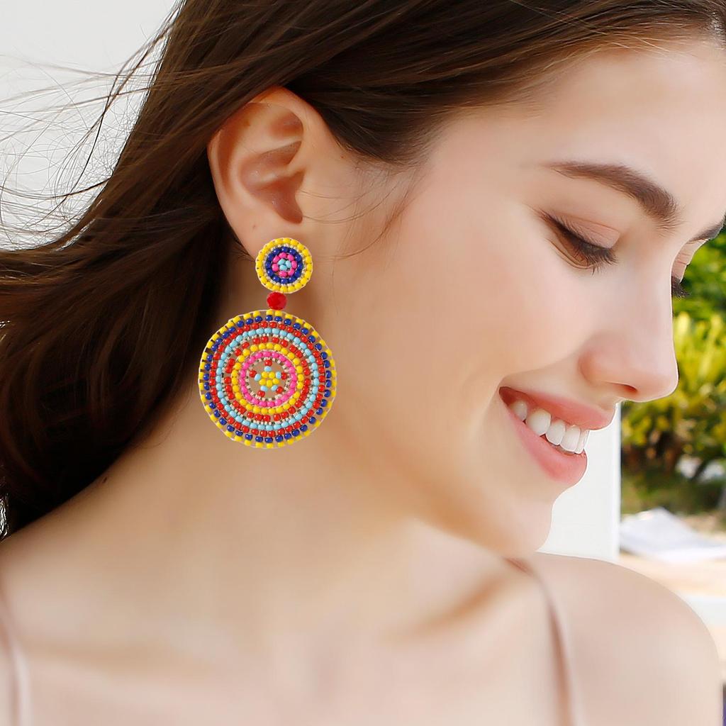 Handmade Retro Ethnic Sunflower Rice Bead Earrings In Dopamine Colors