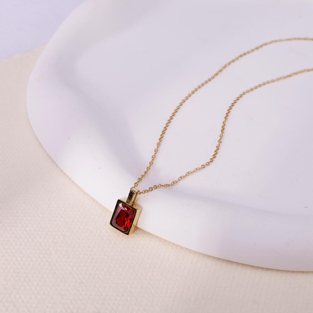 WILD & FREE Trendy Red Zircon Crystal Pendant Stainless Steel Necklace Luxury Exquisite Women Wedding Jewelry