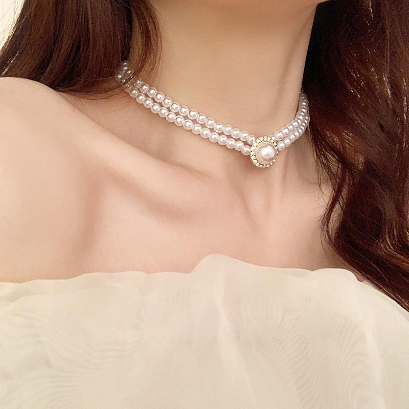 Two-layers Pearl Chokers for Women Luxury Crystal in Middle Double-layers Imitation Pearl Beads Wedding Neck Jewelry collar