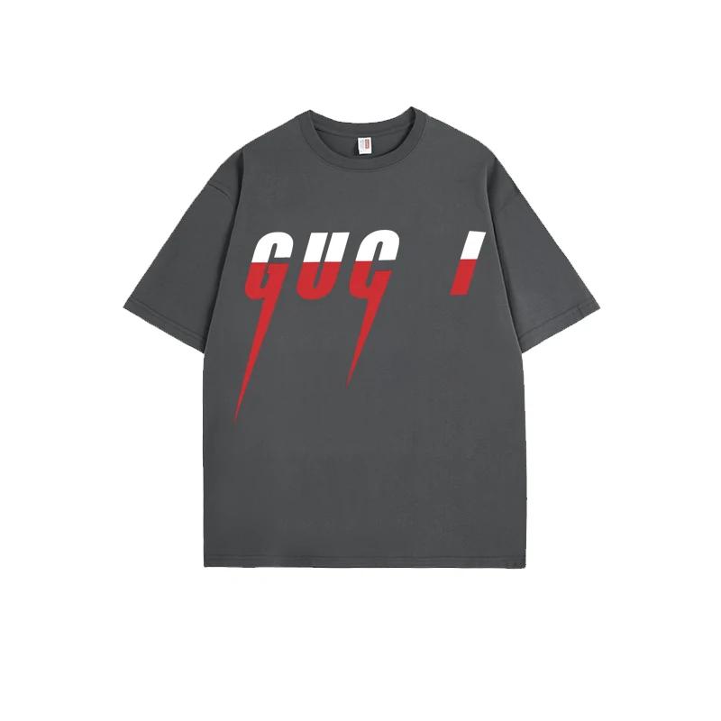 

2024 Американская уличная хлопковая футболка с коротким рукавом для пары, мужчин и женщин, летняя, тяжелый стрит, высококачественный нишевый топ 4XL