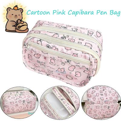 Creative Pink Capibara Pen Bag Dirt-proof Large Capacity Pencil Case Clamshell Storage Bag Gift