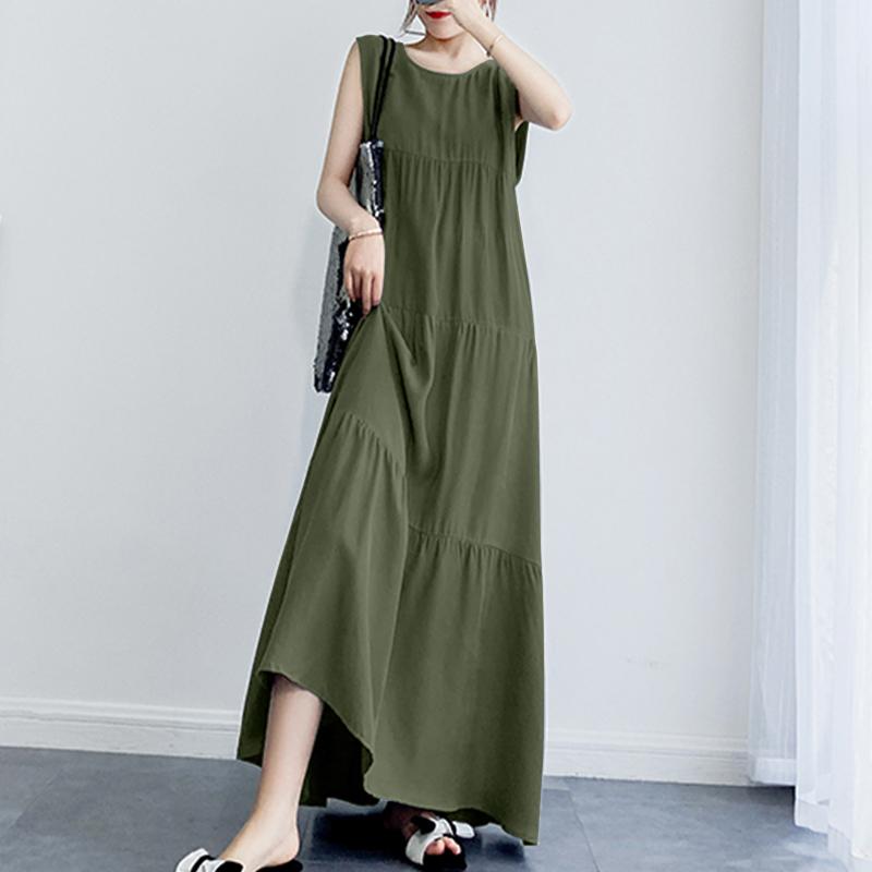 

Stylish Women s Tiered Sundress Solid Summer Dress Casual Sleeveless Maxi Vestidos O Neck Robe Oversized XS зелений