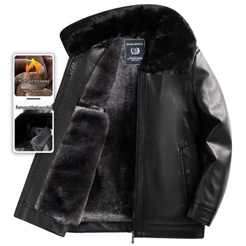 Herren-Lederjacke für mittleres und älteres Alter, verdickt – Warmer Radmantel mit Samtfutter