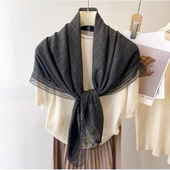 

100*100см Квадратные шарфы однотонные из смесового хлопка с кружевом 100*100cm темно серый