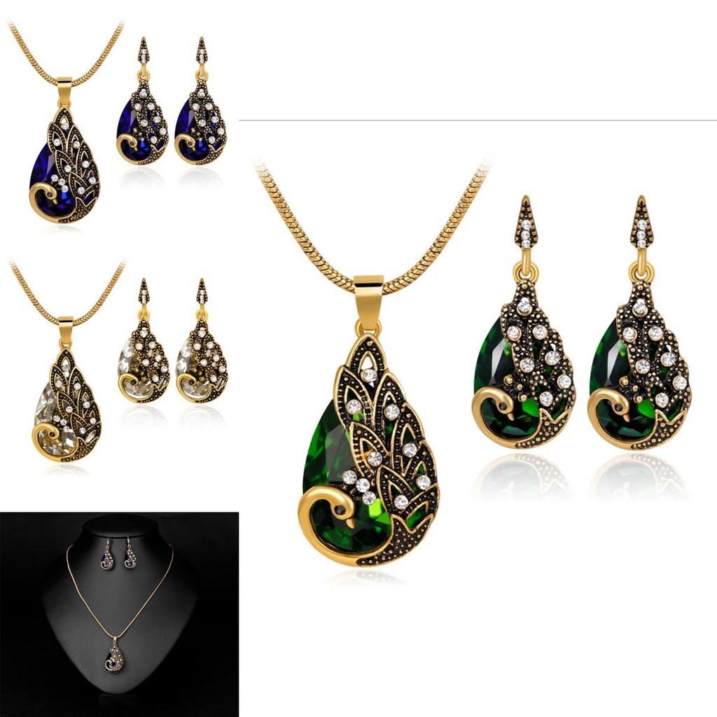 Stunning Waterdrop Blue Zircon Peacock Necklace And Earring Set Perfect For Holiday Celebrations