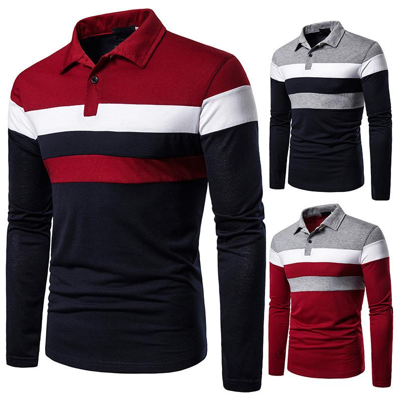 Autumn Tri Color Splicing Fashionable Casual Men's Clothing with Lapel Long Sleeved Polo Shirt