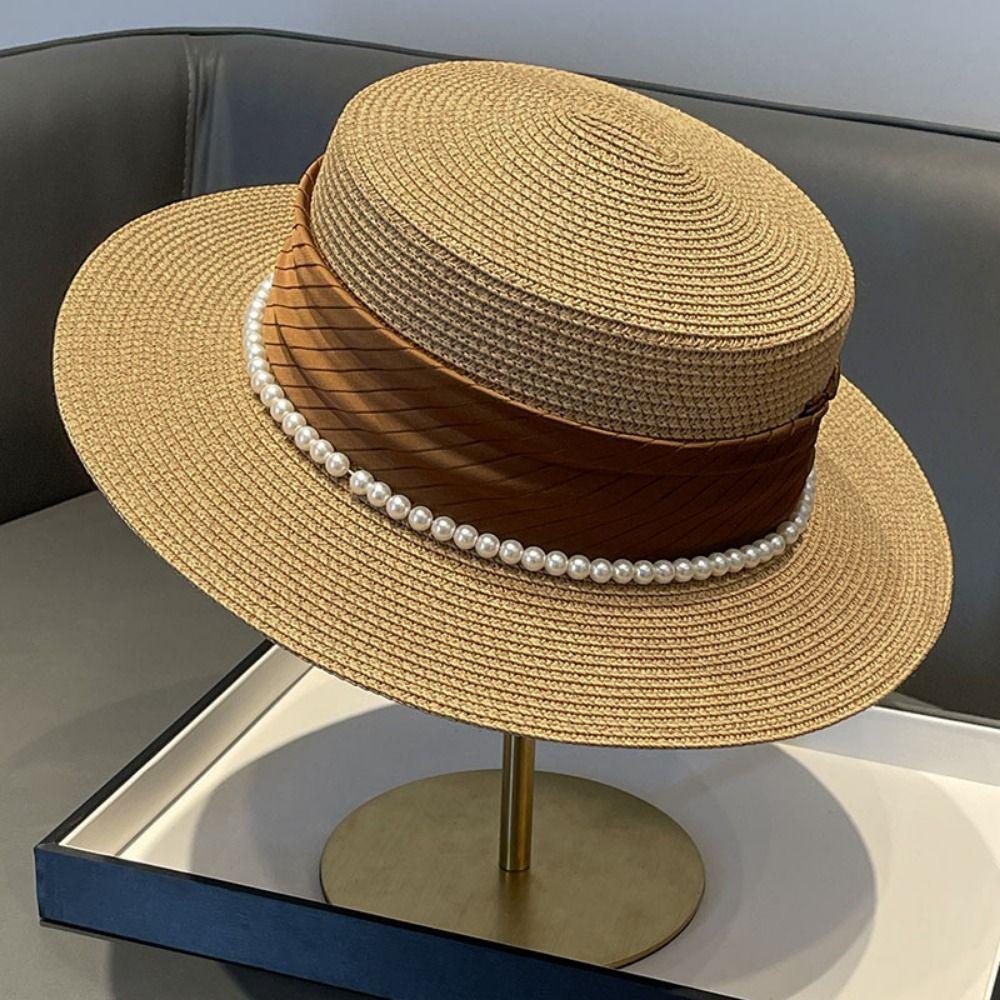 UV Protection Wide Brim Straw Hat Straw Weaving Weave Bucket Hat Stylish Flat Sun Cap  Beach
