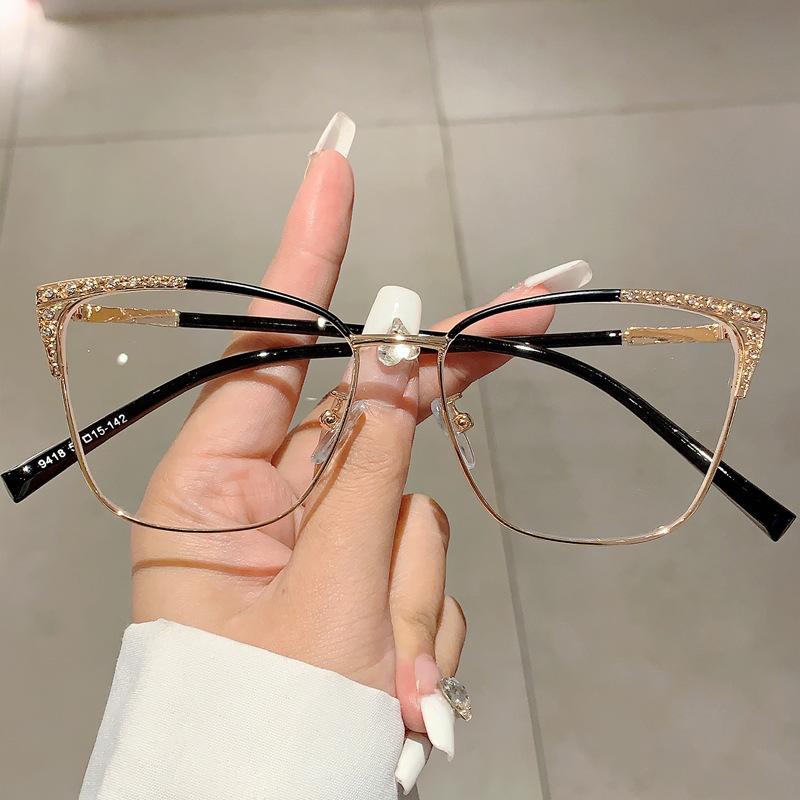 New high-end cat's eye diamond-encrusted anti-blue glasses retro simple plain artifact Internet celebrity flat glasses