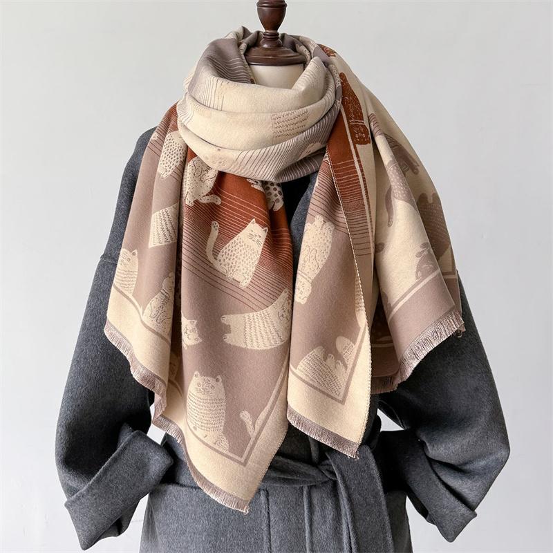 2025 Luxury Women's Winter Scarf Imitation Cashmere Animal Double-Sided Cat Print Warm Shawl Pashmina Stole Blanket Foulard