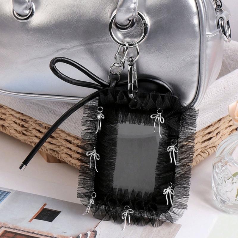 Elegant Badge Holder Gothic Bowknot Keychain Beaded Lace Card Charm Accessory Alternative Fashion Keyring