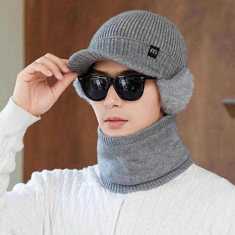 

Мужская зимняя вязаная шапка и толстые наушники с теплым ветрозащитным шарфом для езды на велосипеде на открытом воздухе Set (Hat + Scarf)