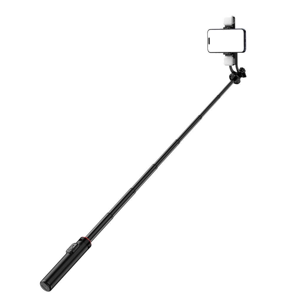 Selfie-Stick teleskopisch mit Fernbedienung, 2x LED-Lampe, Handy-Stativständer, 13m Aluminium, schwarz