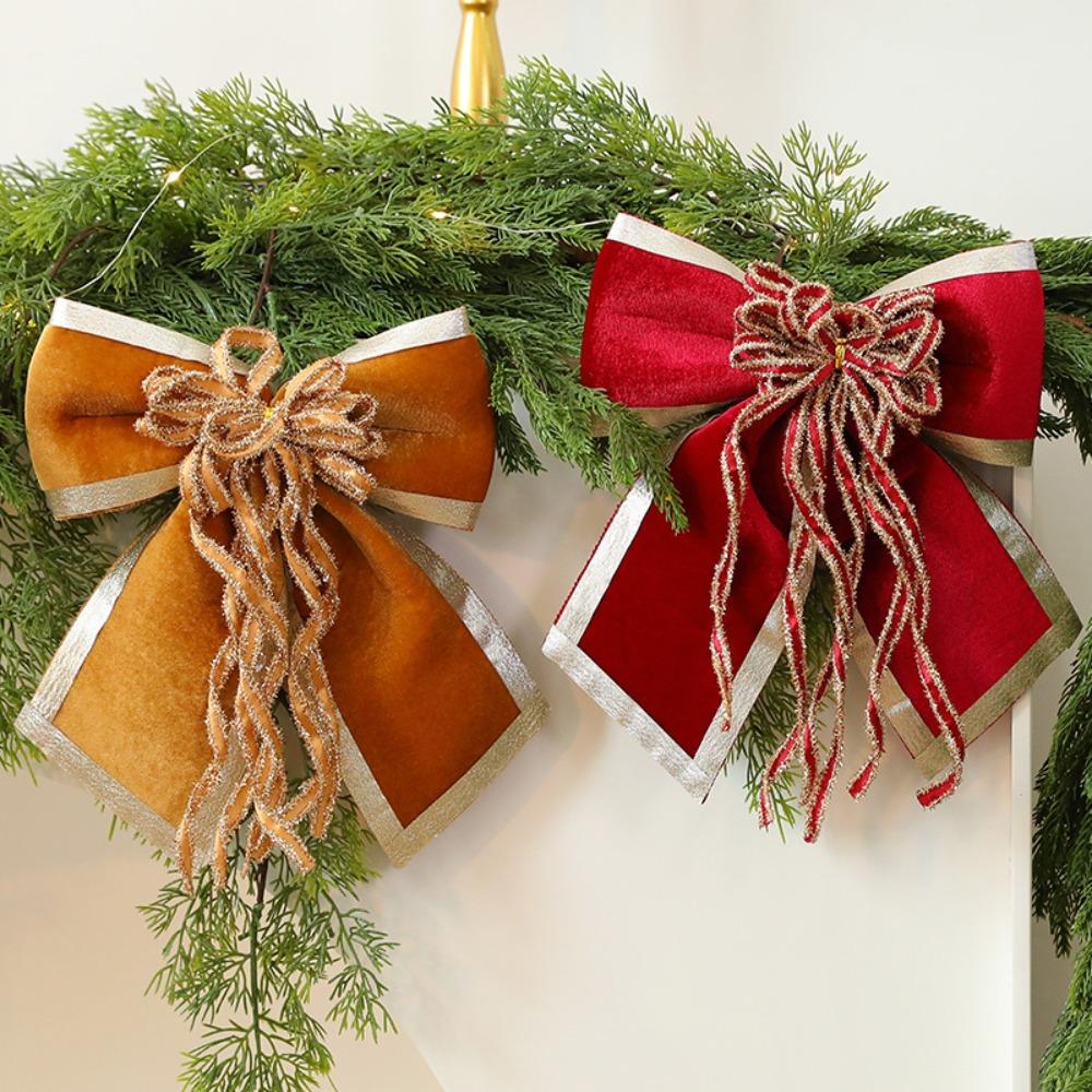 Sparkling Christmas Bow Pendant with Ribbon Flocked Wreath Decorative Bow DIY Christmas Tree Bowknot Navidad