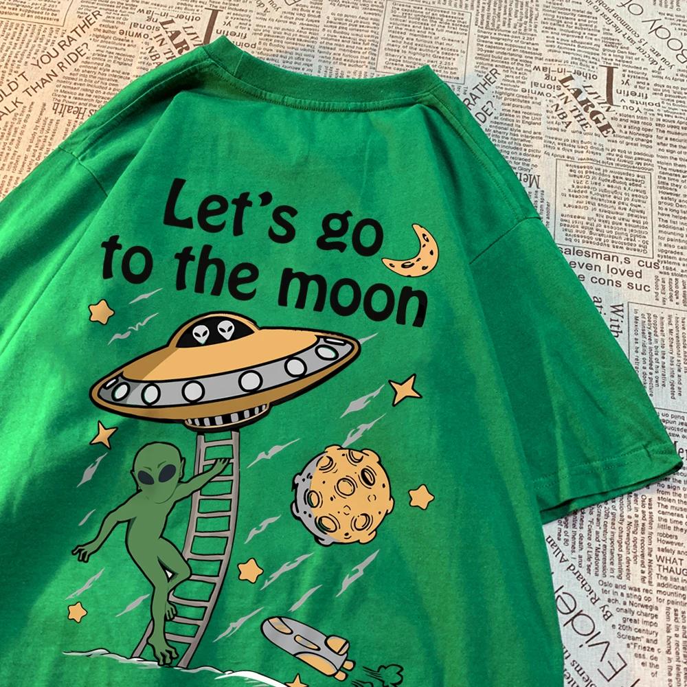 Let'S Go To The Moon Alien Ufo Mens T-Shirt Cotton Loose Tops Loose Crewneck T Shirts Casual Breathable T Shirt Couple Clothes
