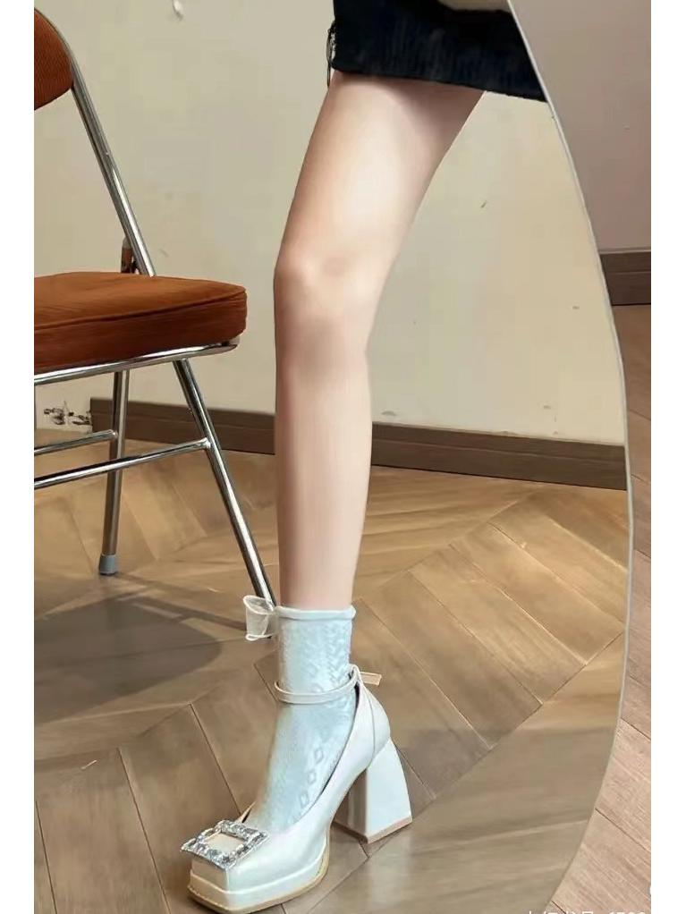 Spot Mary Jane Rhinestone Buckle Platform High Heel Square Toe Shoes for Women, Spring & Autumn 2024.