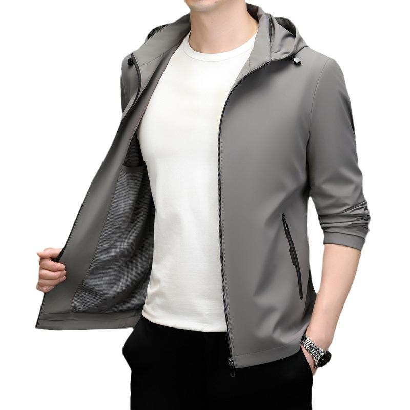 Spring and Autumn New Men's Milk Silk Casual Jacket Business Gentleman Removal Hat Collar Zipper Jacket Thin Men's Jacket