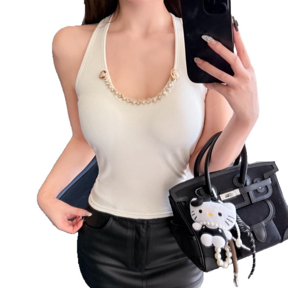 #Early autumn new pure desire grinding chain splicing warm neck vest slim and thin women's fixed belt chest pad