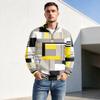 Men's Fall Winter Paneled Print Zip Neck Pullover with Stand Collar Casual Wrinkle- Athletic Top