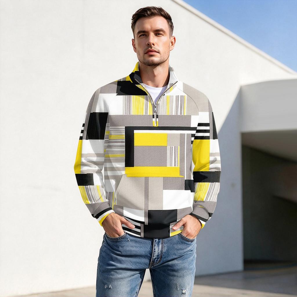 Men's Fall Winter Paneled Print Zip Neck Pullover with Stand Collar Casual Wrinkle- Athletic Top