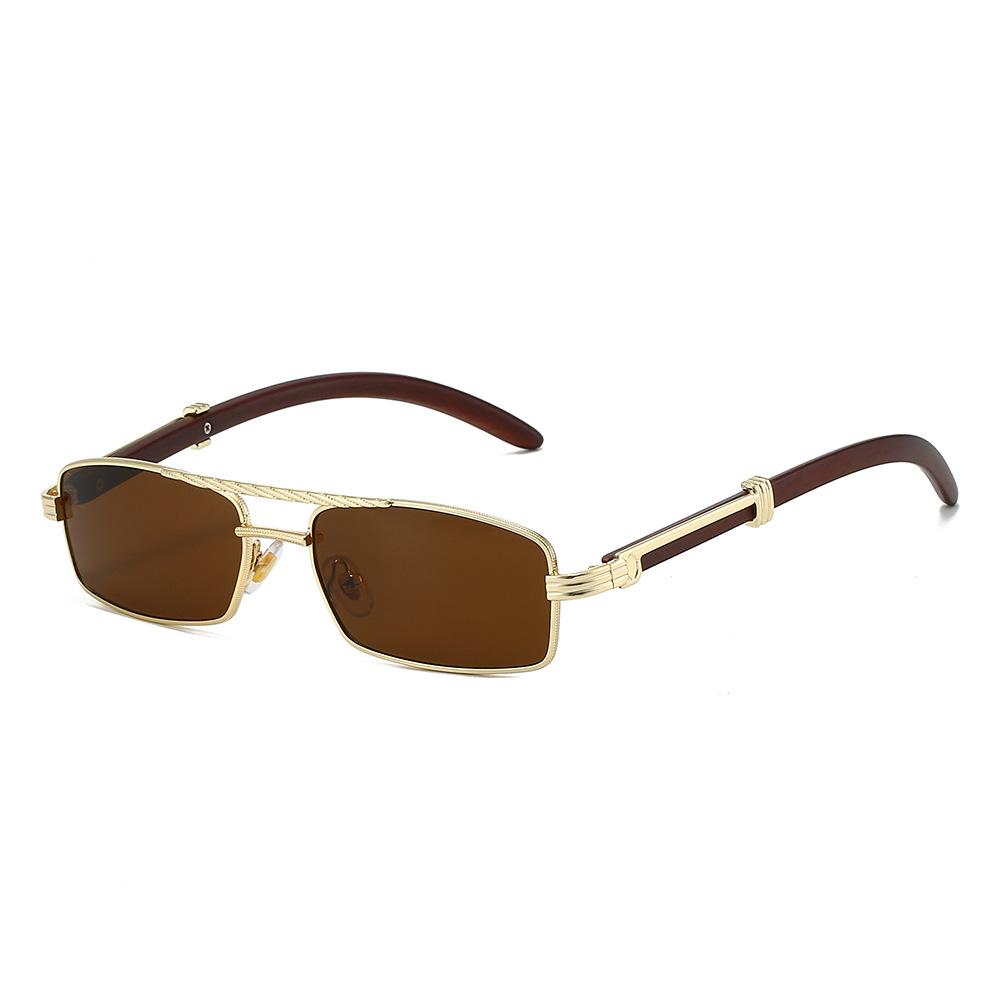 New Metal Rectangle Sunglasses for Women Men Stylish Mini Frame Double Bridge Wood Grain Design