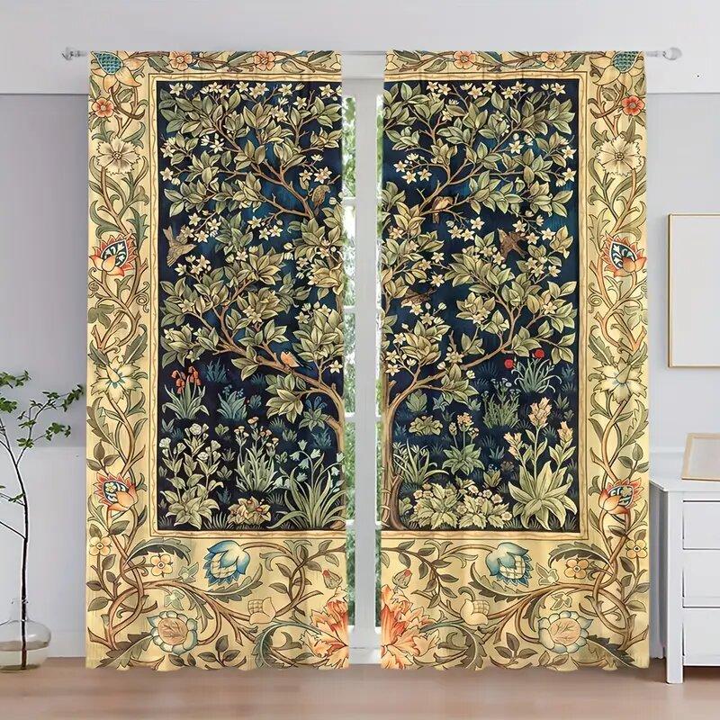 2 pieces - Flower-and-bird pattern printed curtains on trees, window decorations, home decorations, room decorations