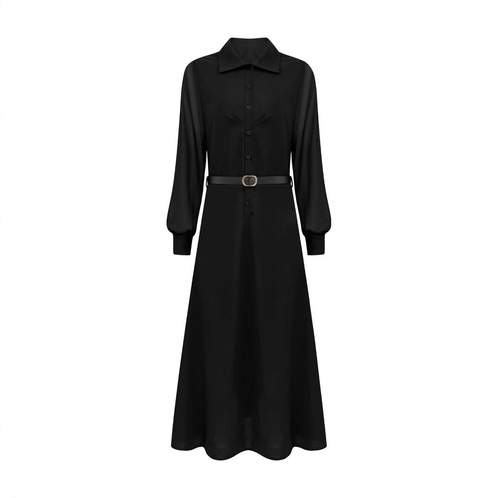 French Elegant Black Mesh Long Sleeve Waist-Cinching Slim Dress for Women