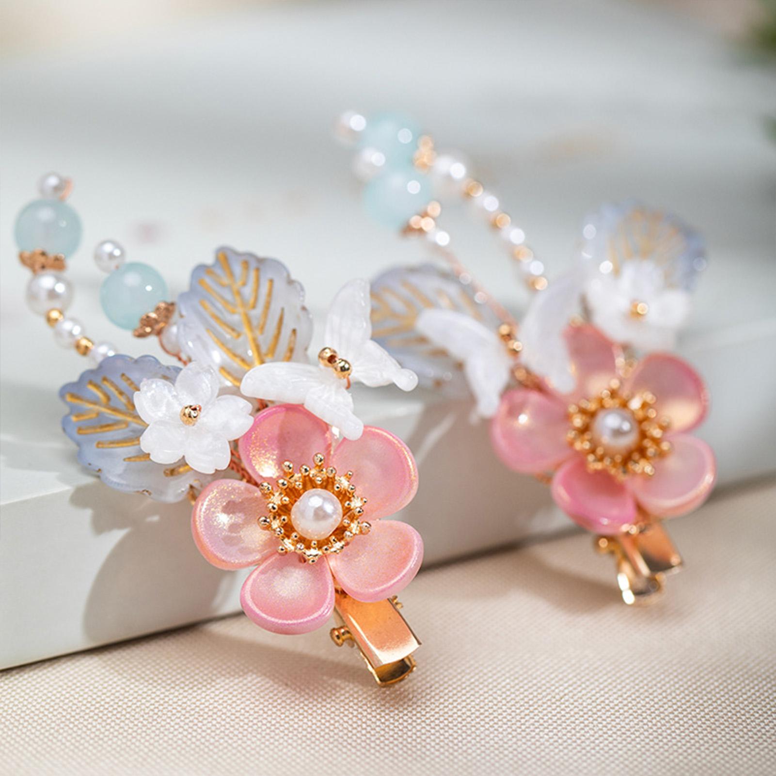 

1 Pair Ancient Flowers Hair Pins Pink Resin Flower Hair Clips Crystal like Blossom Hairpins for Women Girls Hair Accessories