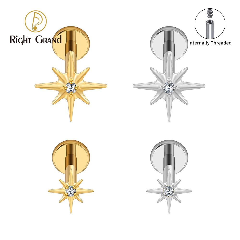 Right Grand ASTM F136 Titanium CZ North Star Flat Back Earring 16G Tiny Starburst Helix Cartilage Stud Earlobe Piercing Jewelry