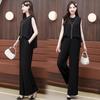 Women's Sleeveless Round Neck Blouse & Elastic Waist Wide Leg Pants Two Piece Summer Elegant Casual Co-ord Suit