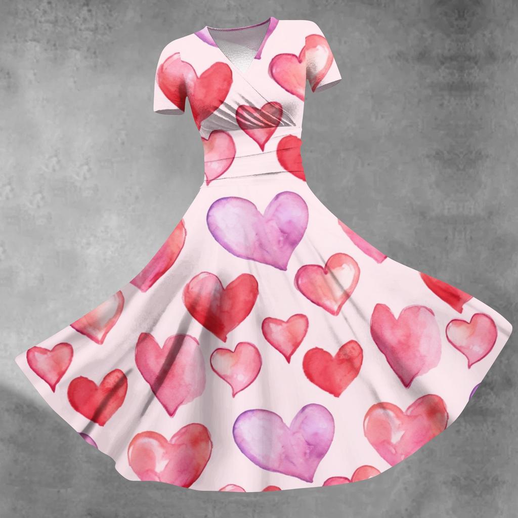 Women's Princess Dress Sexy V-neck Valentine's Day Print Waist Pull Pleated Short Sleeve Dress