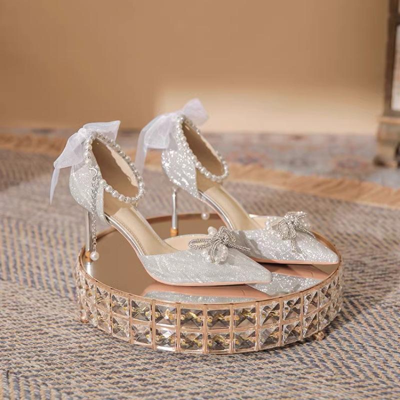 Shiny High Heels Pointed Toe Silver Women Pumps Metallic Crystal Sandals Bow Stiletto Heeled Shoes Party Dress Shoes Woman