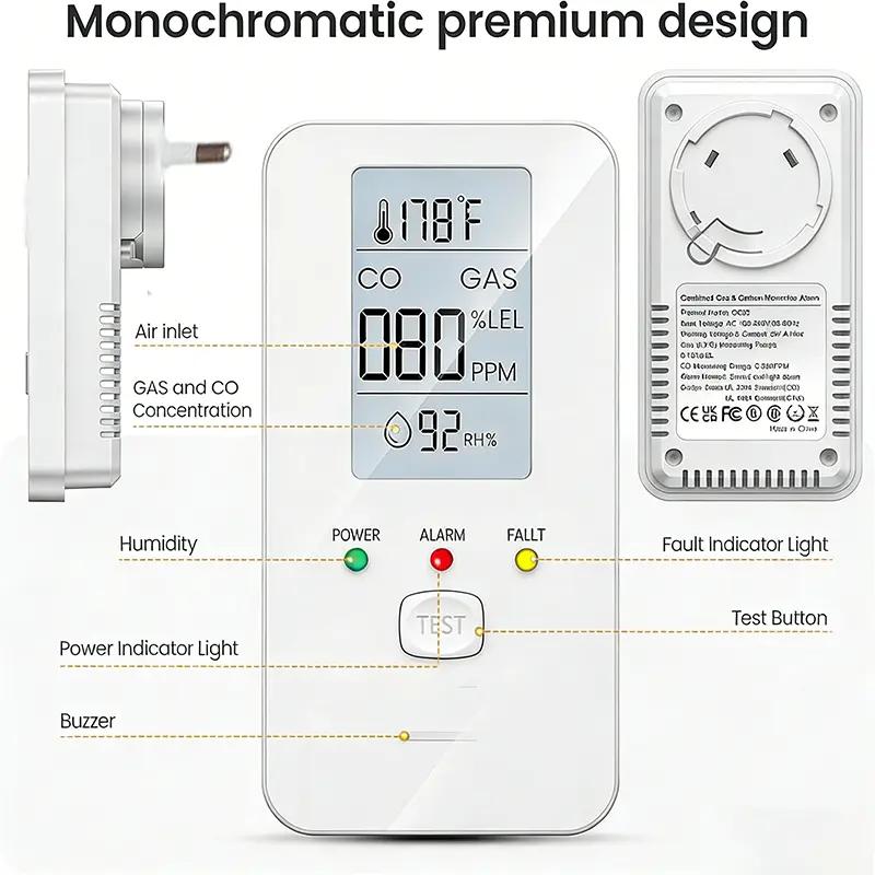 4in1 Gas and Carbon Monoxide Detector Temperature Humidity Sensor AC Plug in Combustible Gas Leak Detector Gas Alarm LCD Display