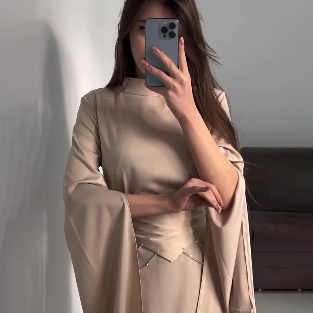 2024 Spring Semi-high Neck Satin Dress: European-American Court Style, Waist-Slimming, Long-Sleeved