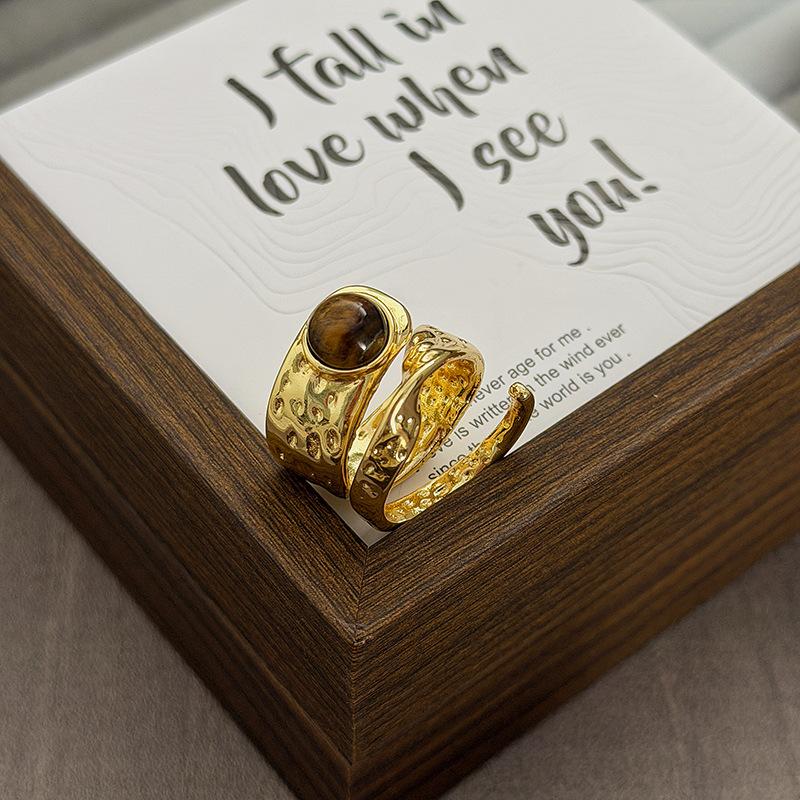 Fashion Temperament Maillard Retro Hong Kong Style Imitation Tiger'S Eye Stone Open Ring Women'S Irregular Light Luxury Personality Index Finger Ring