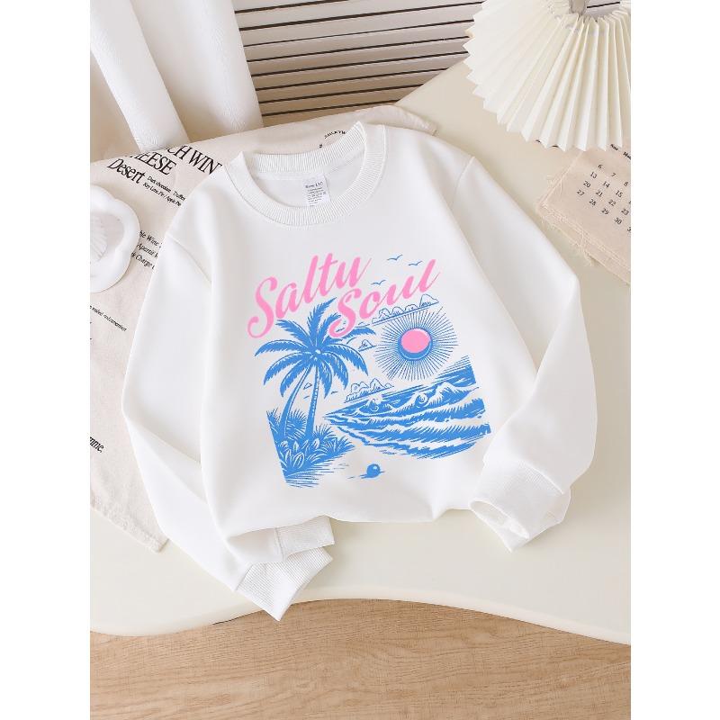 Europäische Größen Mädchen Weiches Rundhals-Sweatshirt Saltu Soul Tropischer Strand Palmenbaum Sonnenschein Aufdruck, Lässig Vielseitig Kombinierbar, Ideales Urlaubsgeschenk