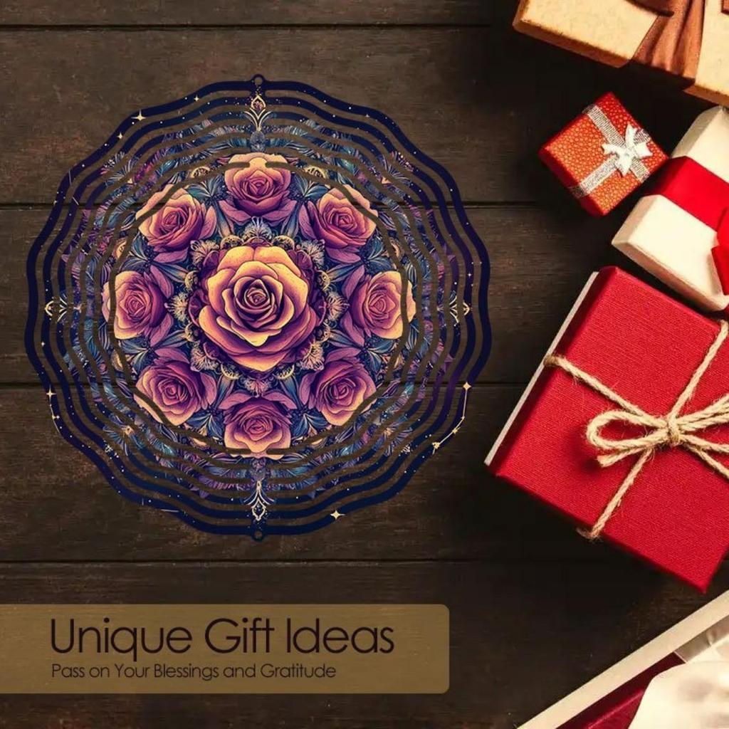 Metalowy dzwonek wietrzny 2D Kalejdoskop Róży Zewnętrzna Wisząca Dekoracja do Ogrodu Podwórka z Hakiem Obrotowym 360 Łatwa Instalacja Nie Wymaga Zasilania