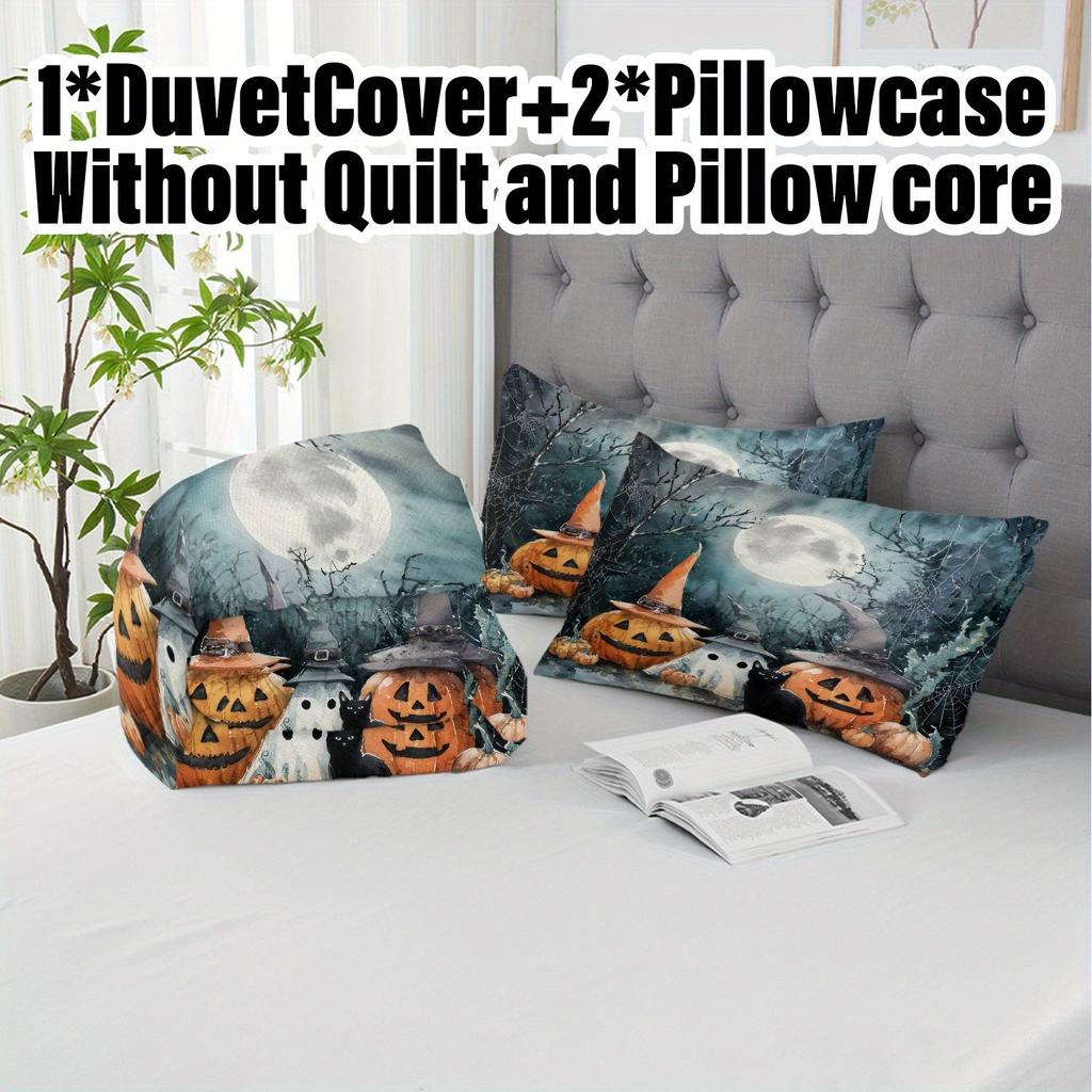 3pcs Halloween Duvet Cover Set without Insert, Soft Polyester Quilt Cover with 2 Pillowcases, Blue Green Witch Hat & Pumpkin