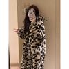 Cute Girl Leopard Print Jumpsuit Pajamas Autumn and Winter Flannel Thick Warm Hooded Home Clothing Wearable As Outerwear Homewear Comfortable Jumpsuit
