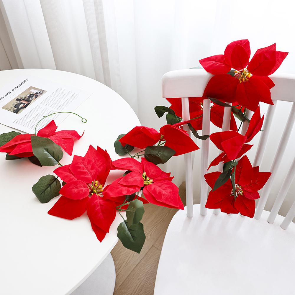 Artificial Christmas Flower Vine: 2m Green Leaf & Red Flower Door/Wall Hanging Ornaments