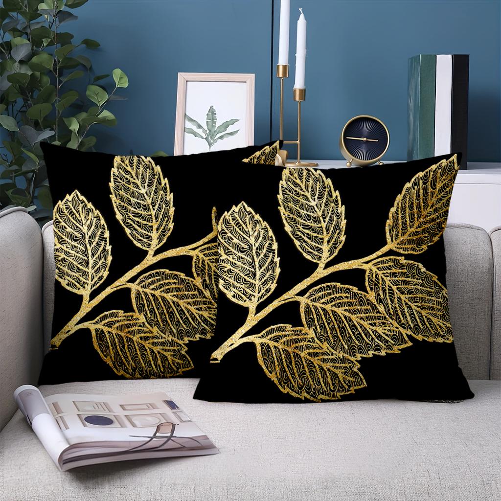 1 Stück - 2D Flachdruck Schwarze Kissen mit goldenem Blattmuster Polyester Kissenbezug Sofa Dekokissenbezug