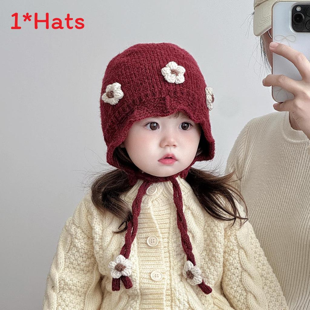 Baby Beanie Winter Knit Hat With Wide Brim And Cartoon Design For Toddler Use вино красного