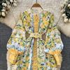 French Court Style Lantern Sleeve Printed Summer Dress - Slim Fit, Waist-Cinching A-Line Skirt