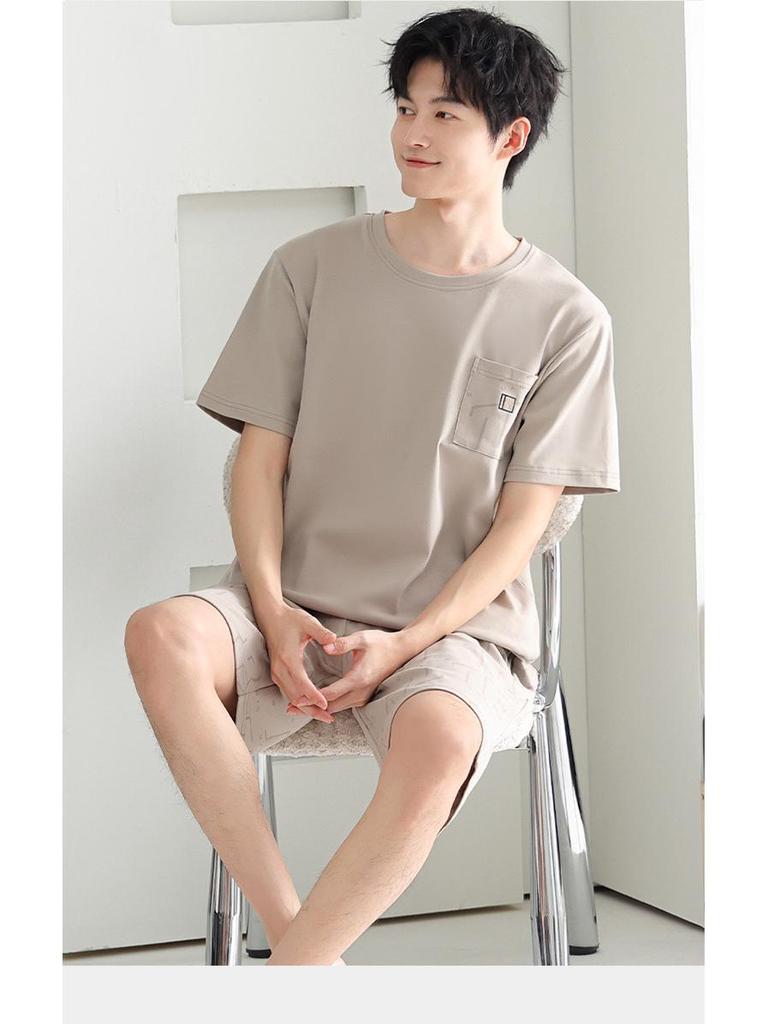 Men's 100% Cotton Short Sleeve Pajama Set - Summer Lightweight, Wearable Outdoors, Ideal for Teens