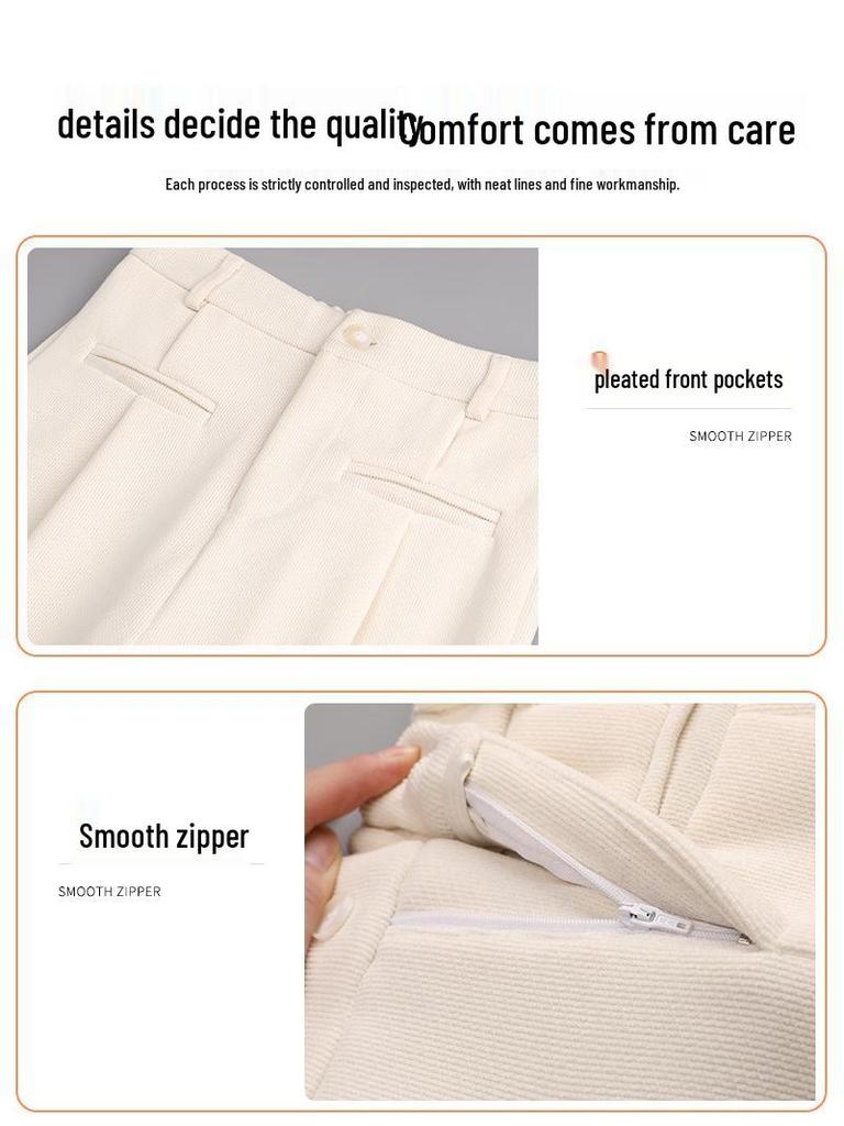 Women's Beige High-Waisted Wide-Leg Knitted Slim-Fit Trousers for Spring and Autumn, Fleece-Lined for Winter