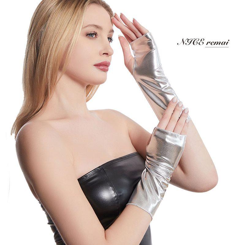

PU Leather Gloves Female Black Sexy Disco Dancing Star and Internet Celebrity Women s Team Dancing Performance Soft Bright Leather Gloves Long Cos Silver pu about 23cm All yards