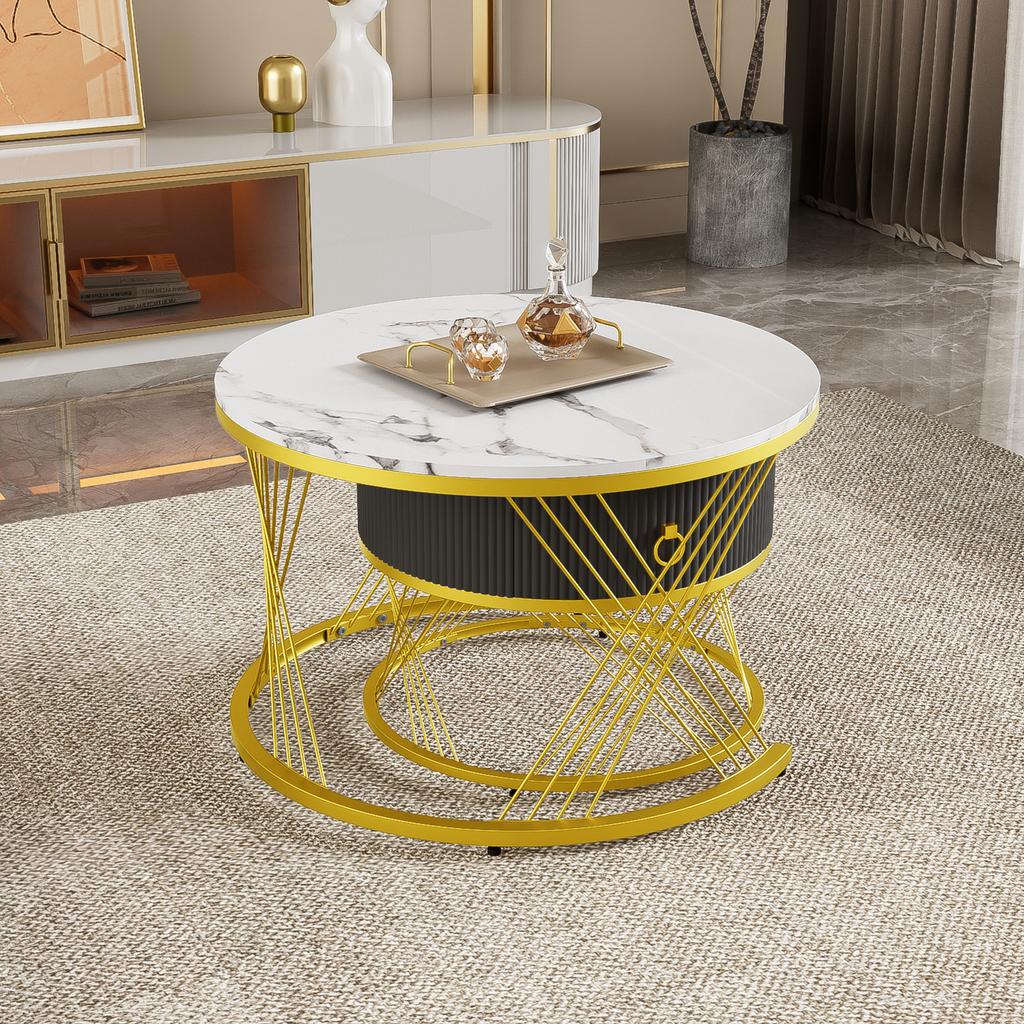 Elegant Assemblable Coffee Table: Marble Look, Gold Decor, Side Table with Drawers – Set of 2