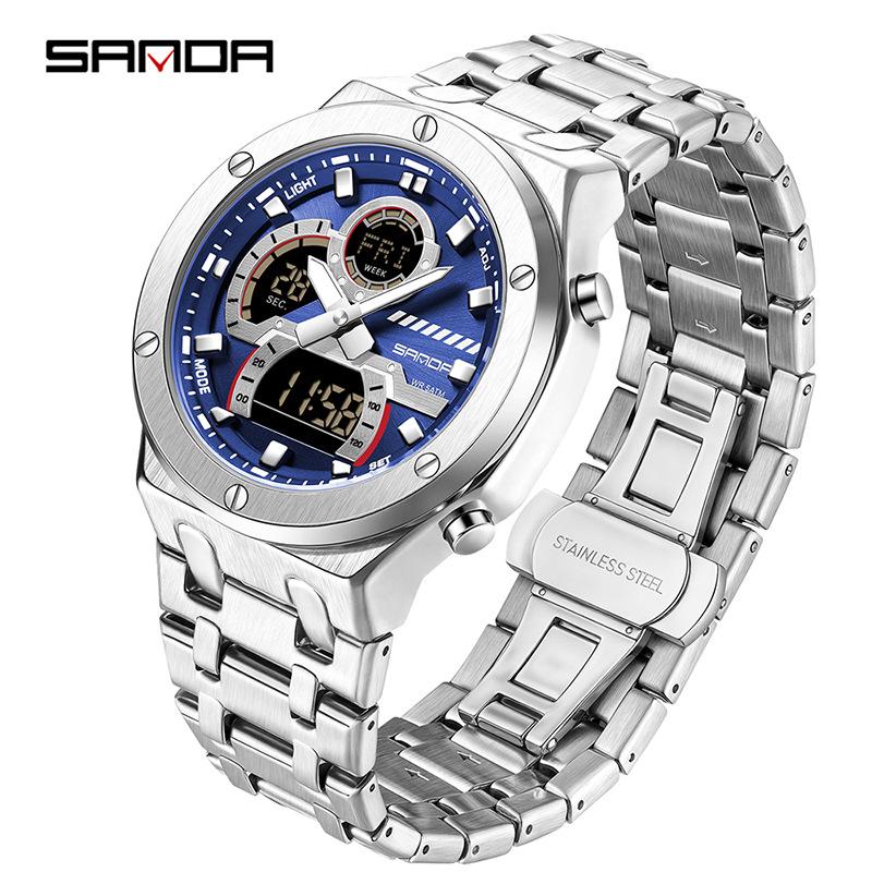 Sanda Octagonal Steel Band Multifunctional LED Light Watch for Men - TikTok Trendy Heartbeat Monitor Watch