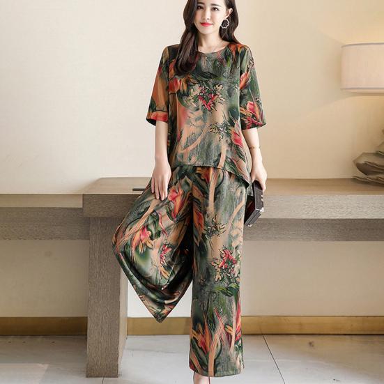 2Pcs/Set O-Neck Half Sleeve Casual Outfit High Low Hem Elastic Waistband Pockets Women Retro Pattern Long Top Wide Leg Pants Set Streetwear