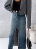 High Waist Washed Denim Slit Skirt - Slim Fit, Mid-length Retro Style for Women